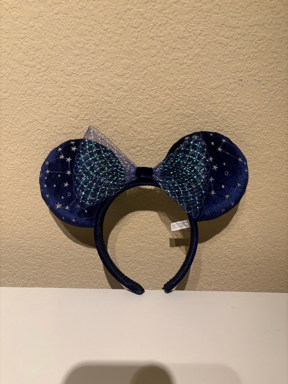 Disney Navy Blue Starry Minnie Ears Headband with Iridescent Bow